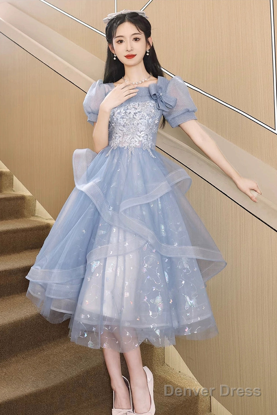 Blue Tulle Knee Length With Lace Party Dress, Blue Short Sleeve Homecoming Dress Secondary image