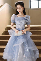Blue Tulle Knee Length With Lace Party Dress, Blue Short Sleeve Homecoming Dress