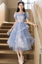 Blue Tulle Knee Length With Lace Party Dress, Blue Short Sleeve Homecoming Dress