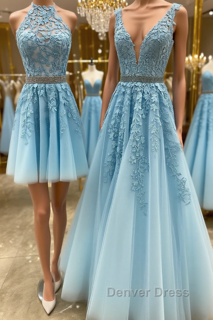 Blue tulle lace A Line prom Dress blue lace tulle Prom Dresses Main image