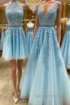 Blue tulle lace A Line prom Dress blue lace tulle Prom Dresses