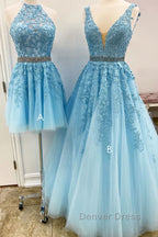 Blue tulle lace A Line prom Dress blue lace tulle Prom Dresses