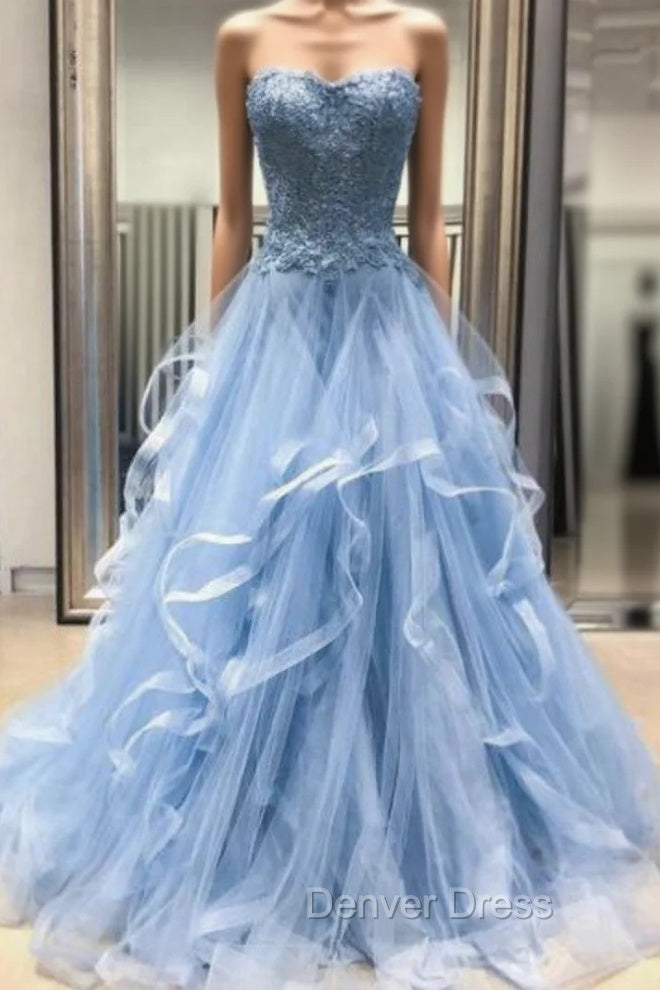 Blue Tulle Lace Appliques Sweetheart Layered Long Prom Dresses Main image