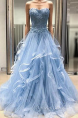 Blue Tulle Lace Appliques Sweetheart Layered Long Prom Dresses