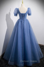 Blue Tulle Lace Floor Length Prom Dress, Blue Short Sleeve Prom Dresses
