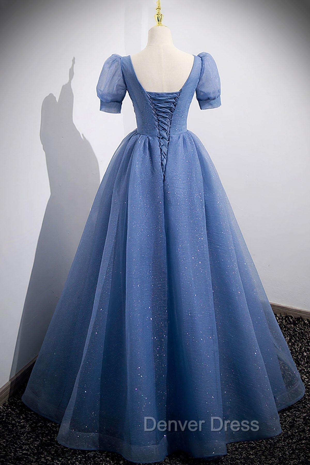Blue Tulle Lace Floor Length Prom Dress, Blue Short Sleeve Prom Dresses