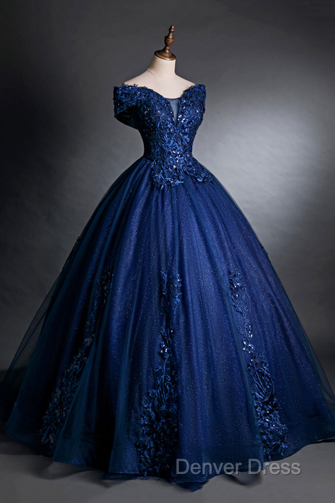 Blue Tulle Lace Long A-Line Ball Gowns, Off The Shoulder Prom Dresses Secondary image