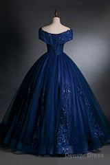 Blue Tulle Lace Long A-Line Ball Gown, Off The Shoulder Evening Party Dress