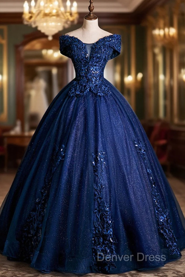 Blue Tulle Lace Long A-Line Ball Gowns, Off The Shoulder Prom Dresses Main image