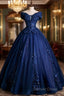 Blue Tulle Lace Long A-Line Ball Gowns, Off The Shoulder Prom Dresses
