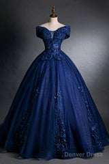 Blue Tulle Lace Long A-Line Ball Gown, Off The Shoulder Evening Party Dress