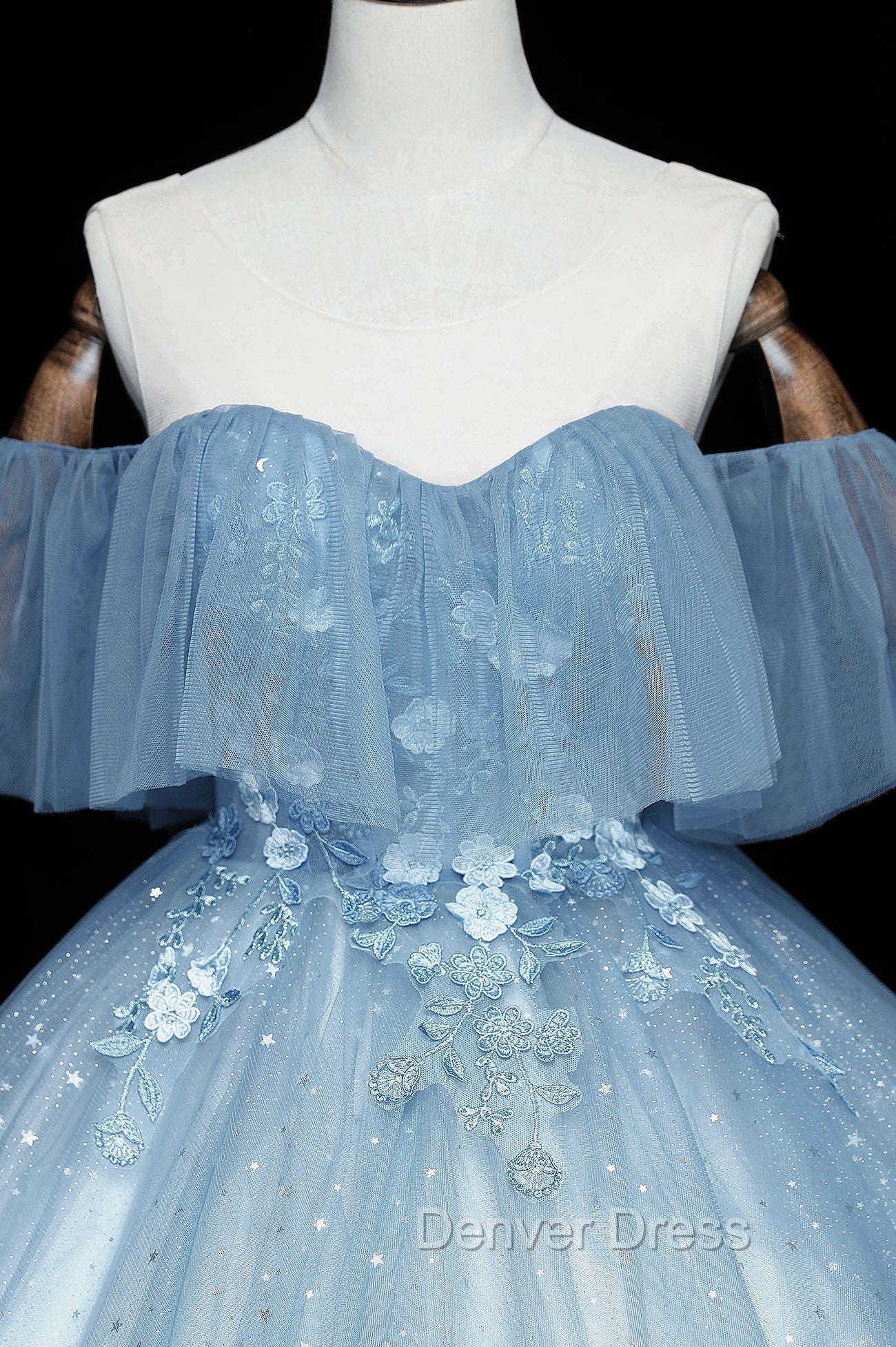 Blue Tulle Lace Long A Line Ball Gowns, Off the Shoulder Prom Gowns