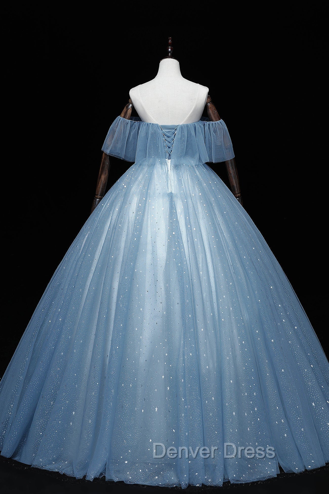 Blue Tulle Lace Long A Line Ball Gowns, Off the Shoulder Prom Gowns