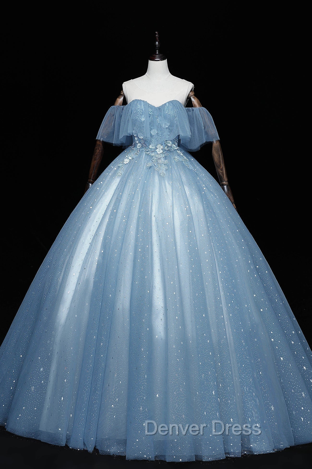 Blue Tulle Lace Long A-Line Ball Gown, Off the Shoulder Formal Evening Gown Main image