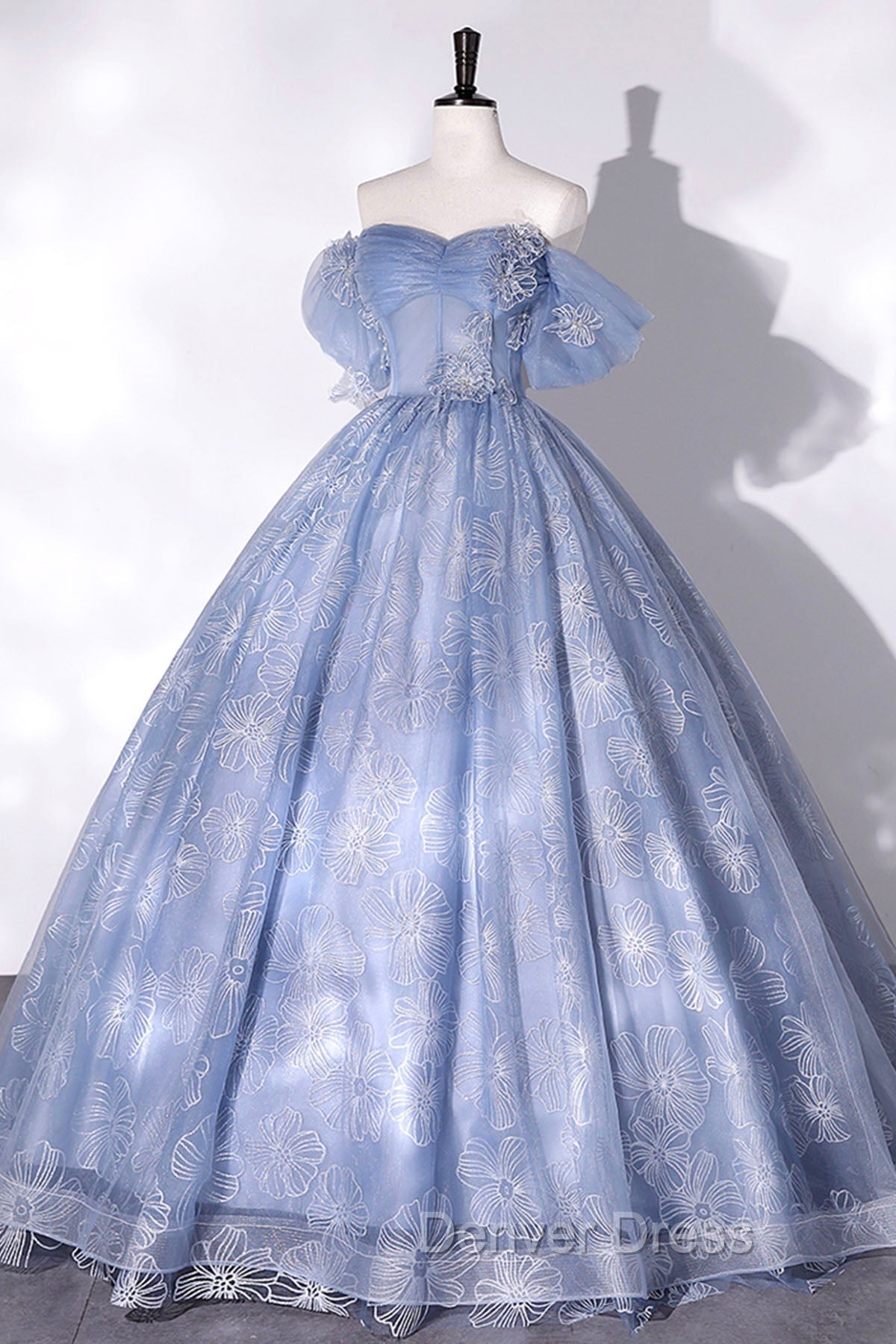 Blue Tulle Lace Long Ball Gowns, Off The Shoulder Prom Gowns Secondary image