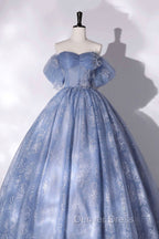 Blue Tulle Lace Long Ball Gown, Off The Shoulder Formal Evening Gown