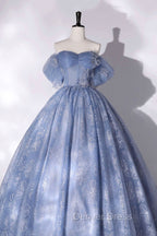 Blue Tulle Lace Long Ball Gowns, Off The Shoulder Prom Gowns