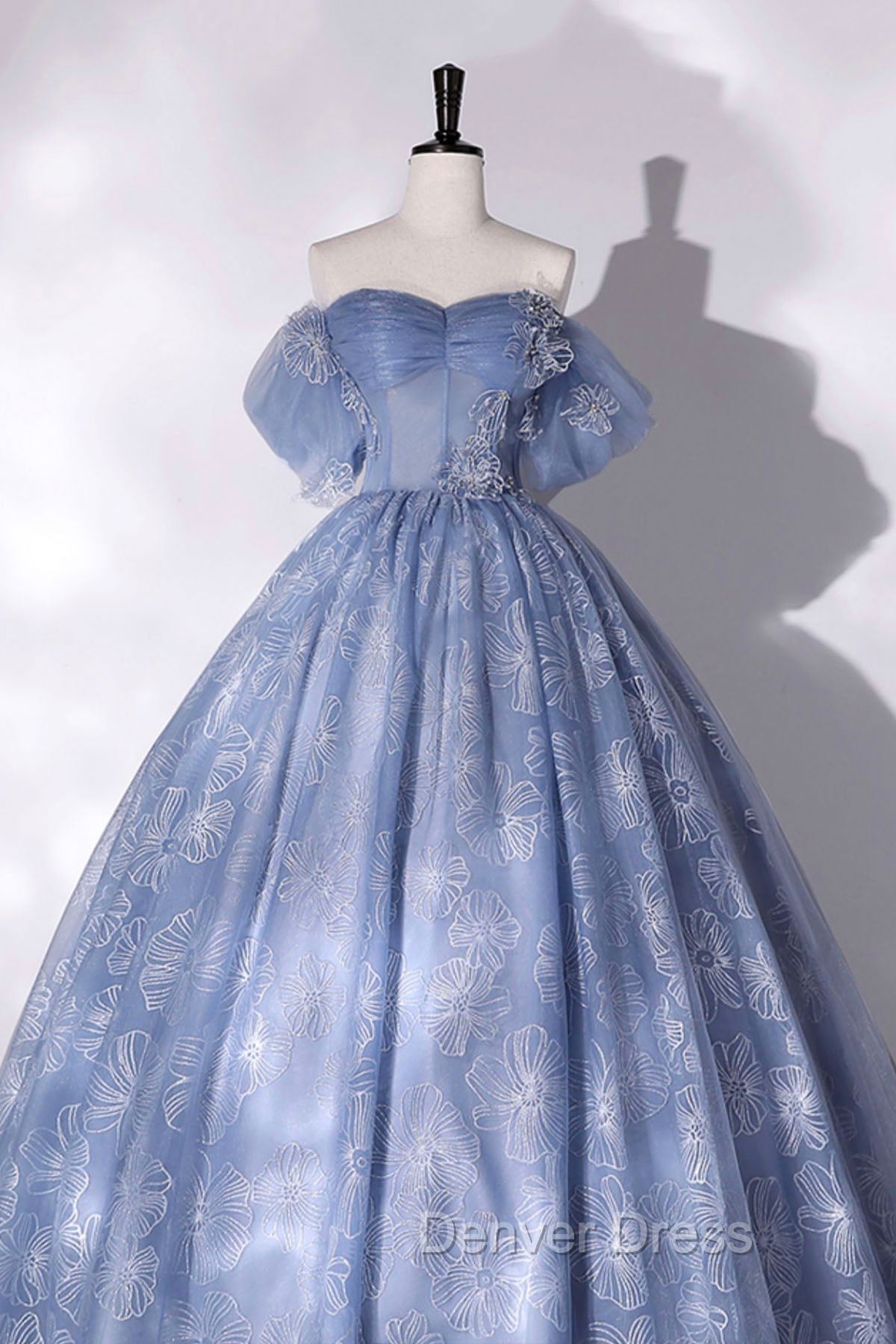 Blue Tulle Lace Long Ball Gowns, Off The Shoulder Prom Gowns