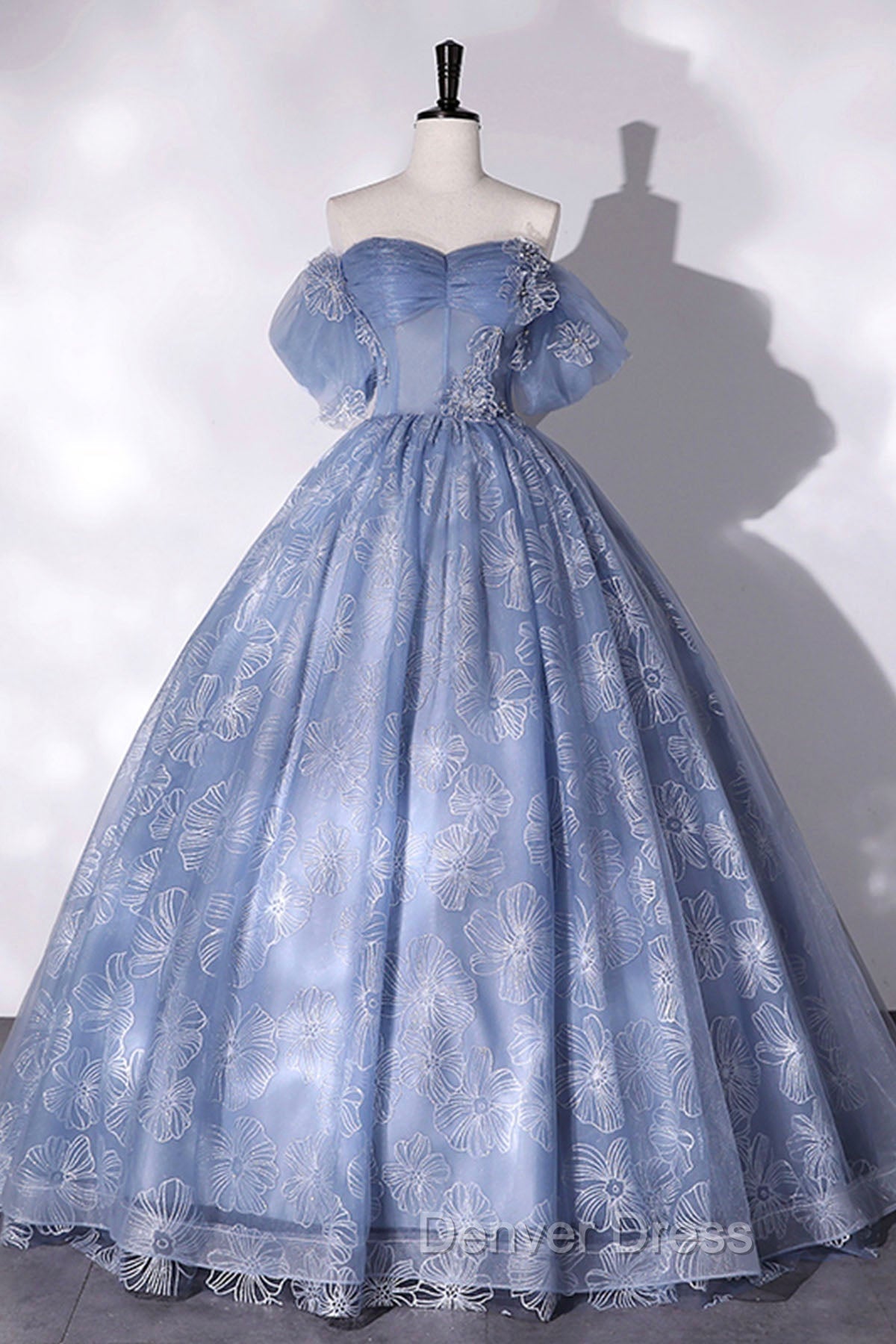 Blue Tulle Lace Long Ball Gown, Off The Shoulder Formal Evening Gown Main image