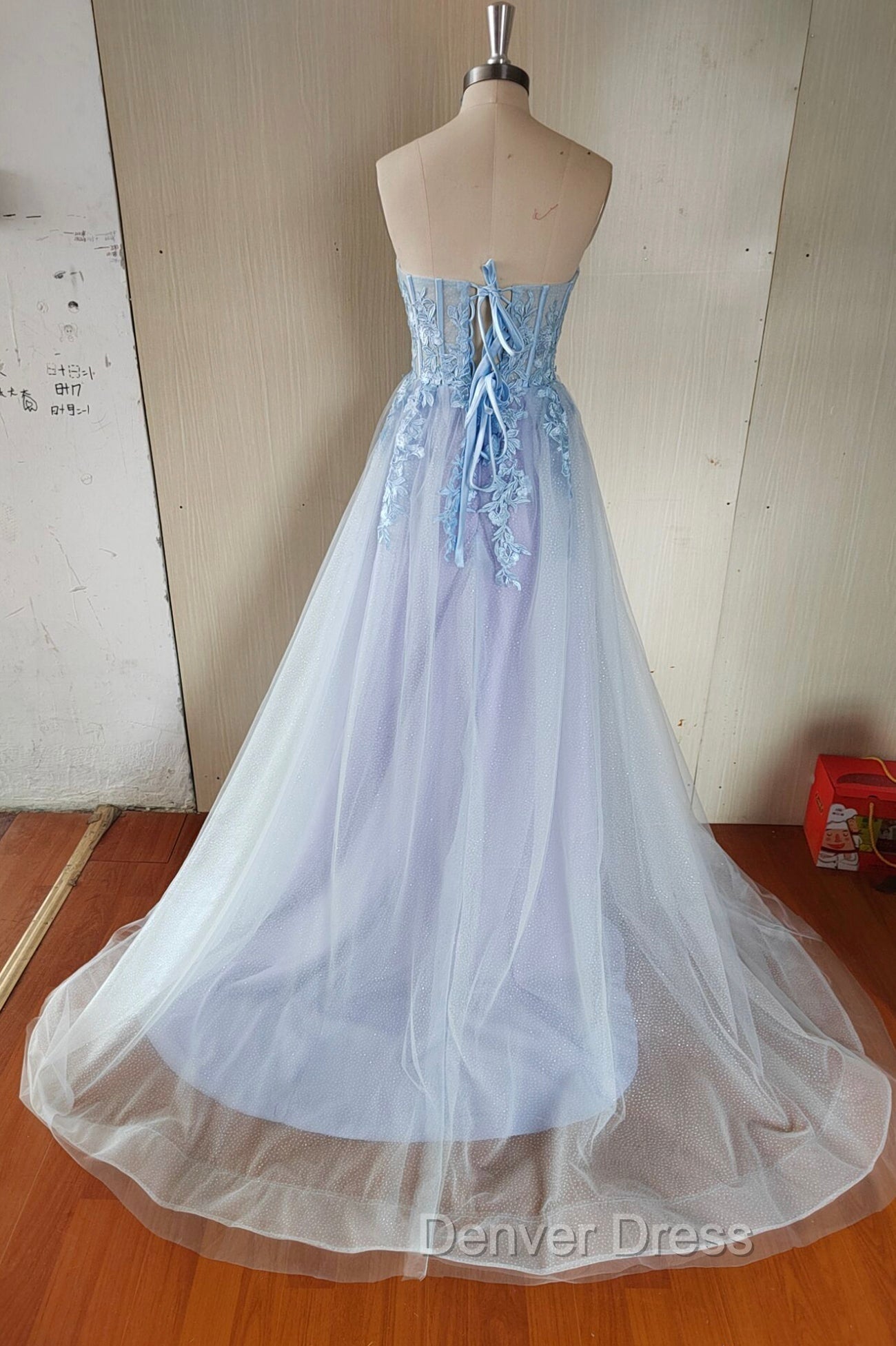 Blue Tulle Lace Long Prom Dress, Blue Strapless Prom Dresses with Slit