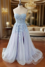 Blue Tulle Lace Long Prom Dress, Blue Strapless Prom Dresses with Slit