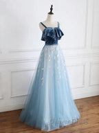 Blue tulle lace long prom Dress, blue tulle Prom Dresses
