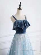 Blue tulle lace long prom Dress, blue tulle Prom Dresses