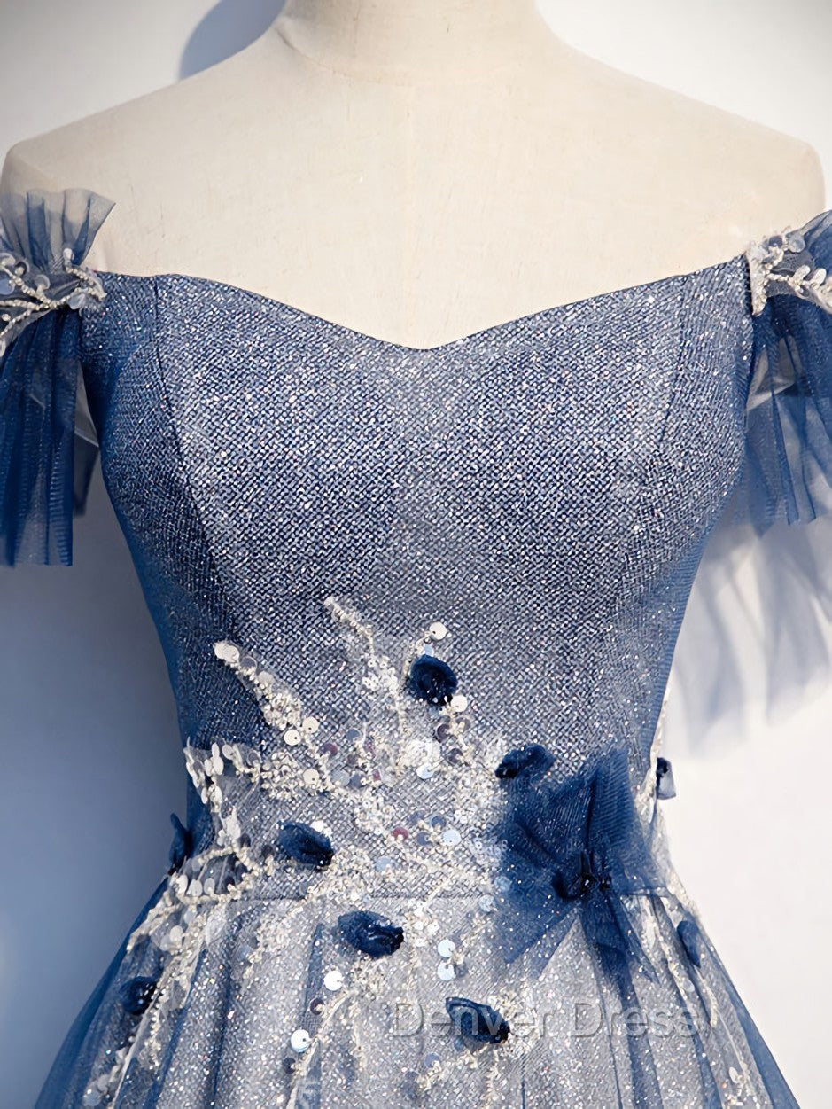 Blue Tulle Lace Long Prom Dress, Blue Tulle Lace Bridesmaid Dresses Secondary image