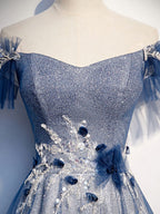 Blue Tulle Lace Long Prom Dress, Blue Tulle Lace Bridesmaid Dresses