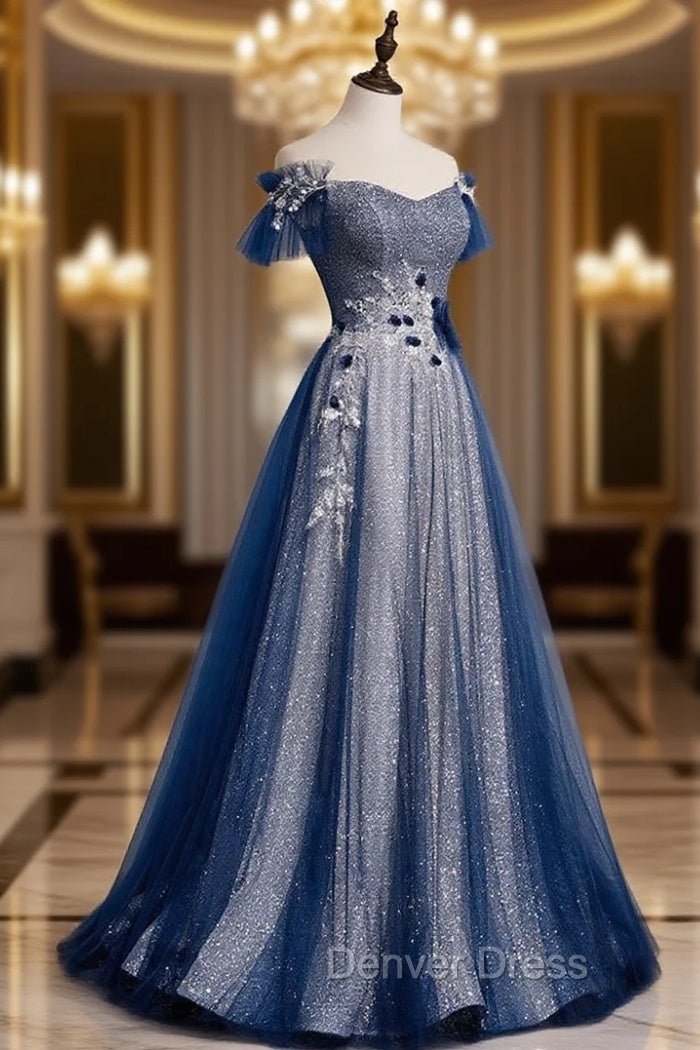 Blue Tulle Lace Long Prom Dress, Blue Tulle Lace Bridesmaid Dresses Main image