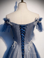 Blue Tulle Lace Long Prom Dress, Blue Tulle Lace Bridesmaid Dresses