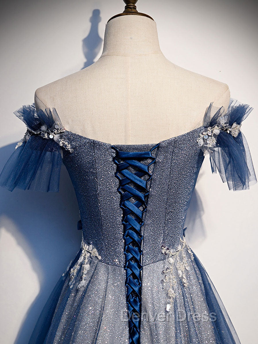 Blue Tulle Lace Long Prom Dress, Blue Tulle Lace Bridesmaid Dresses