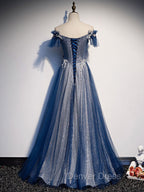 Blue Tulle Lace Long Prom Dress, Blue Tulle Lace Bridesmaid Dresses