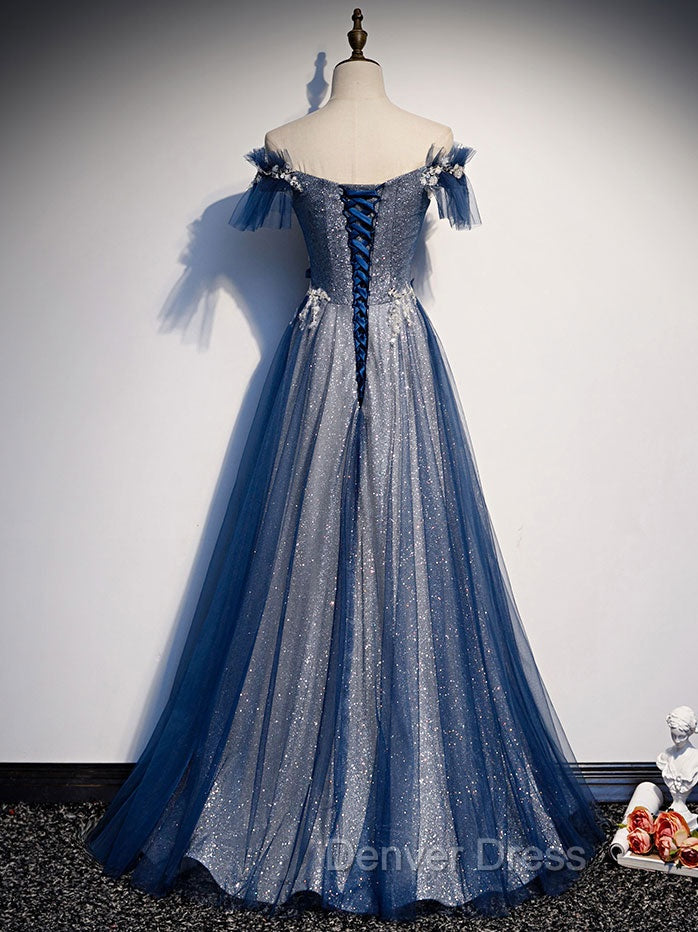 Blue Tulle Lace Long Prom Dress, Blue Tulle Lace Bridesmaid Dresses