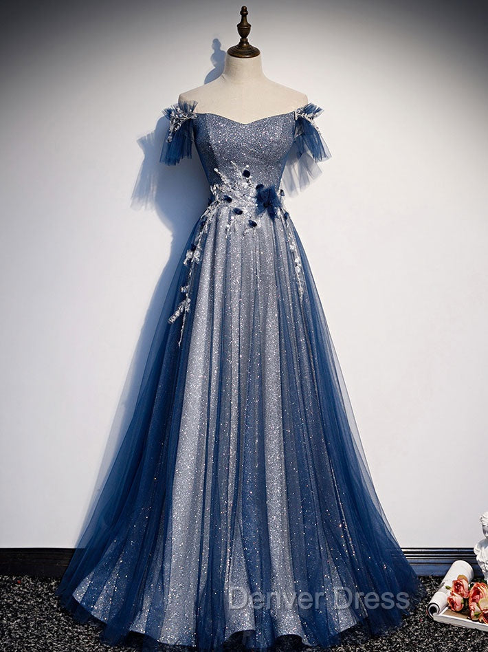 Blue Tulle Lace Long Prom Dress, Blue Tulle Lace Bridesmaid Dresses