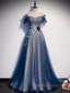 Blue Tulle Lace Long Prom Dress, Blue Tulle Lace Bridesmaid Dresses