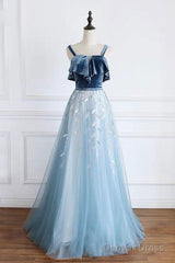 Blue Tulle Lace Long Prom Dress, Blue Tulle Long Evening Dress
