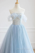 Blue Tulle Lace Long Prom Dress, High Low A Line Prom Dresses