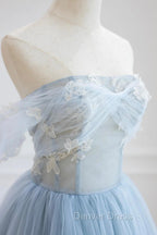 Blue Tulle Lace Long Prom Dress, High Low A Line Prom Dresses