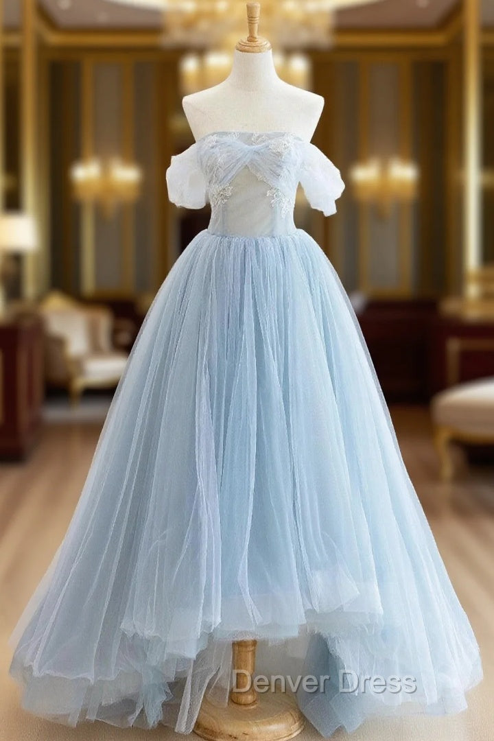 Blue Tulle Lace Long Prom Dresses, High Low A-Line Evening Party Dresses Main image