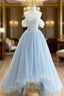 Blue Tulle Lace Long Prom Dresses, High Low A-Line Evening Party Dresses