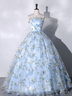 Blue Tulle Lace Long Prom Dress, Ball Gowns Blue Sweet 16 Dresses