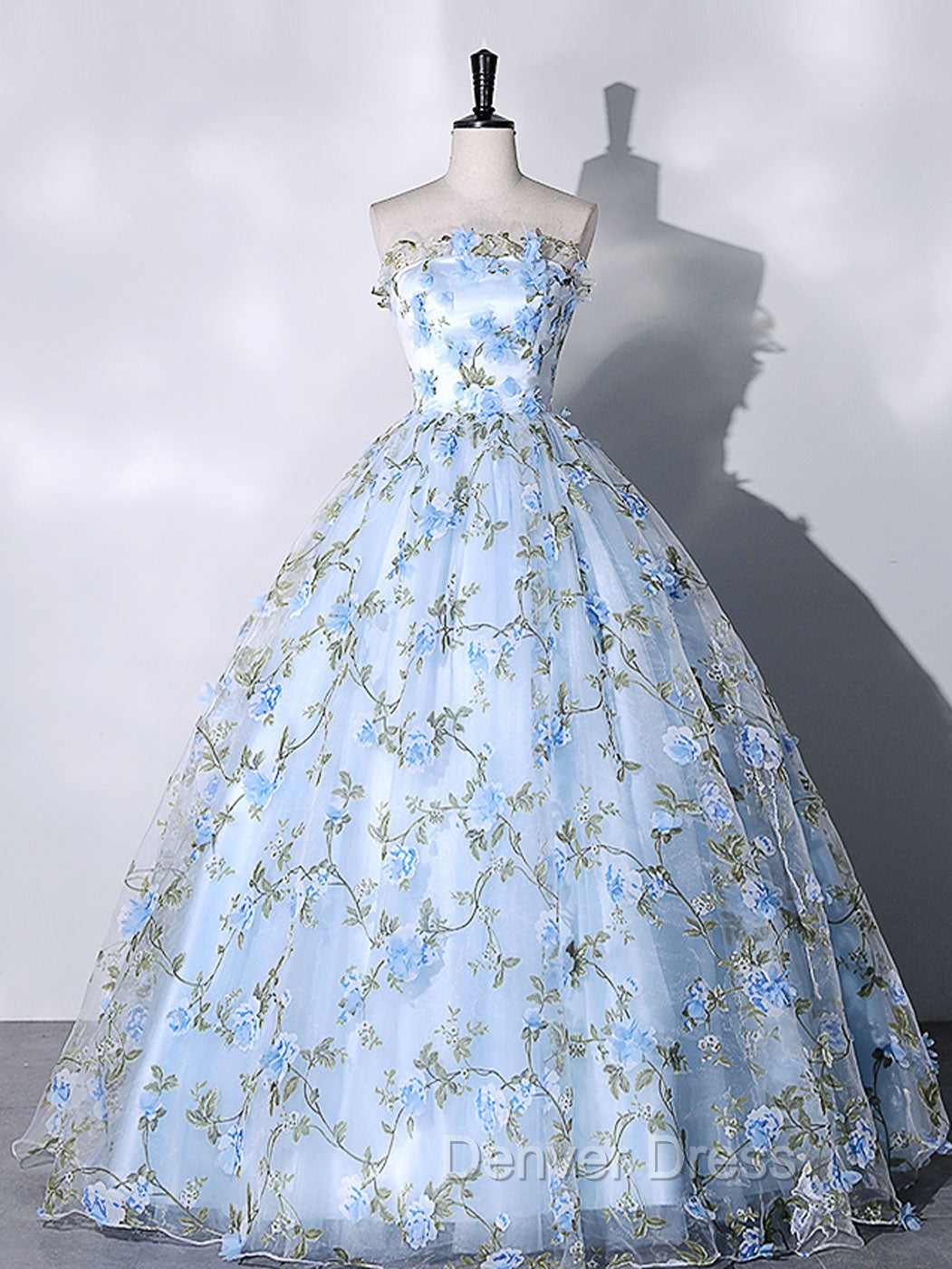 Blue Tulle Lace Long Prom Dress, Ball Gowns Blue Sweet 16 Dresses