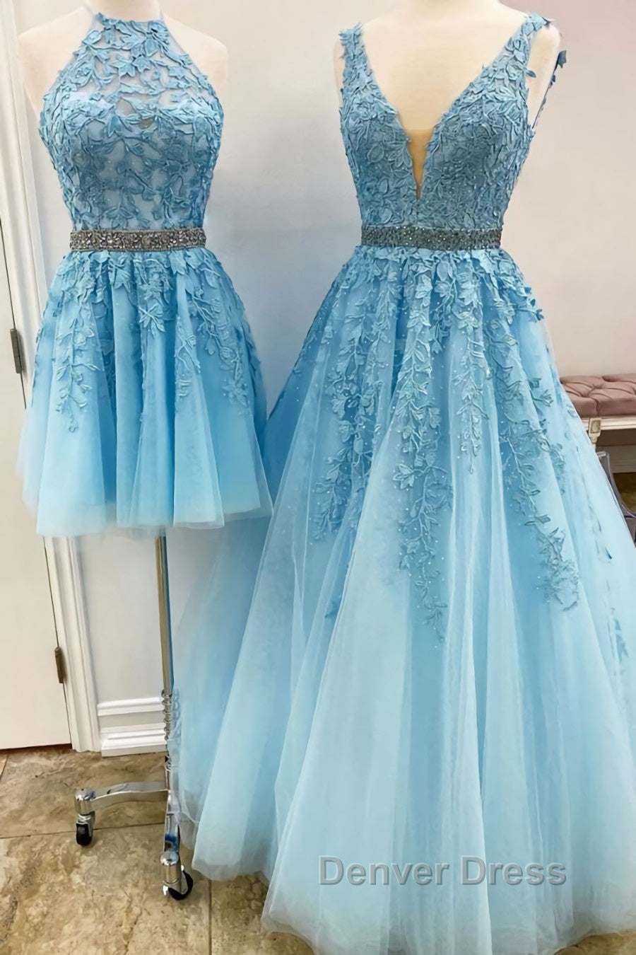 Blue Tulle Lace Prom Dress, Blue Tulle Lace Prom Dresses
