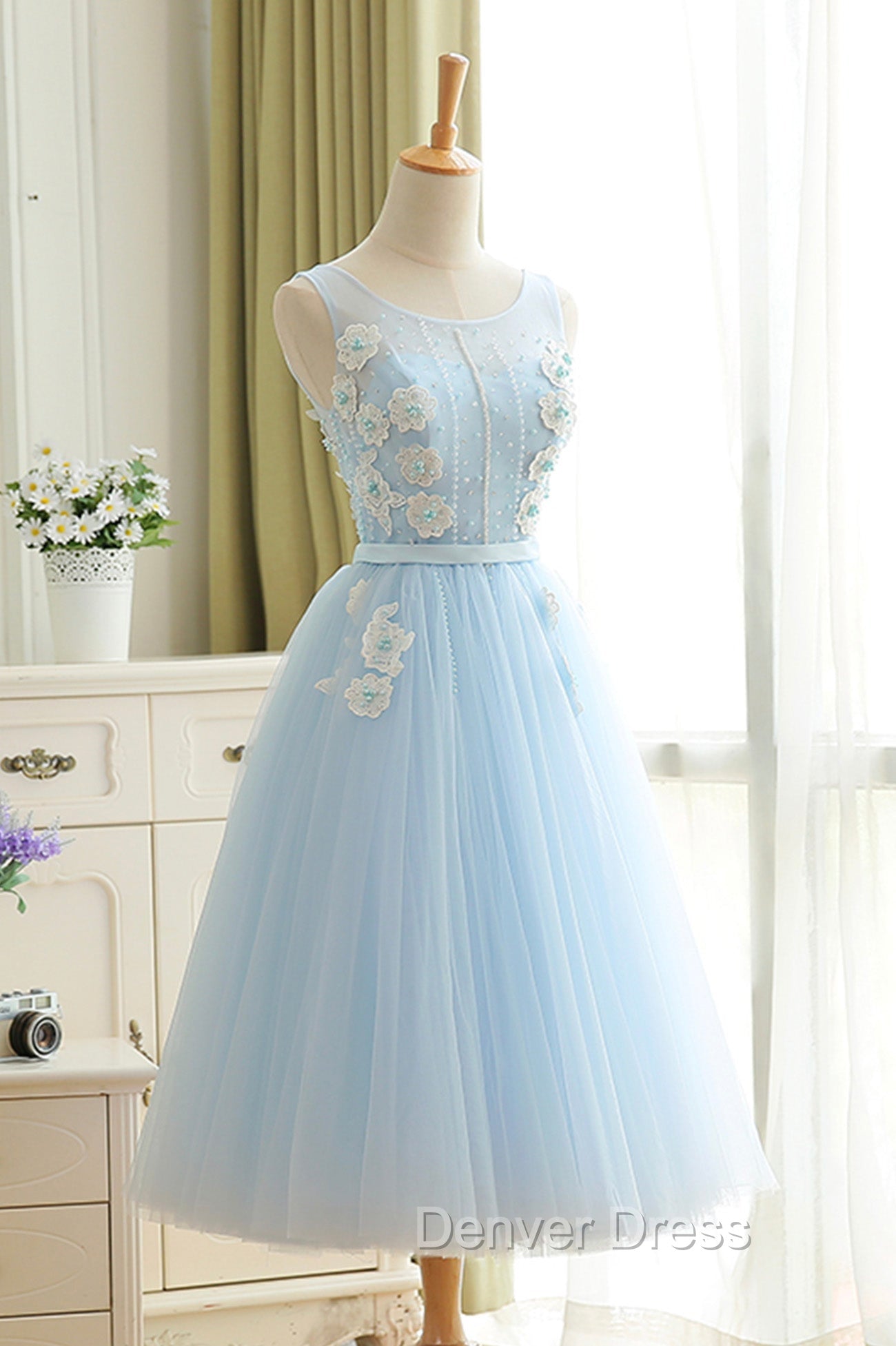 Blue Tulle Lace Short Prom Dresses, A-Line Homecoming Party Dresses