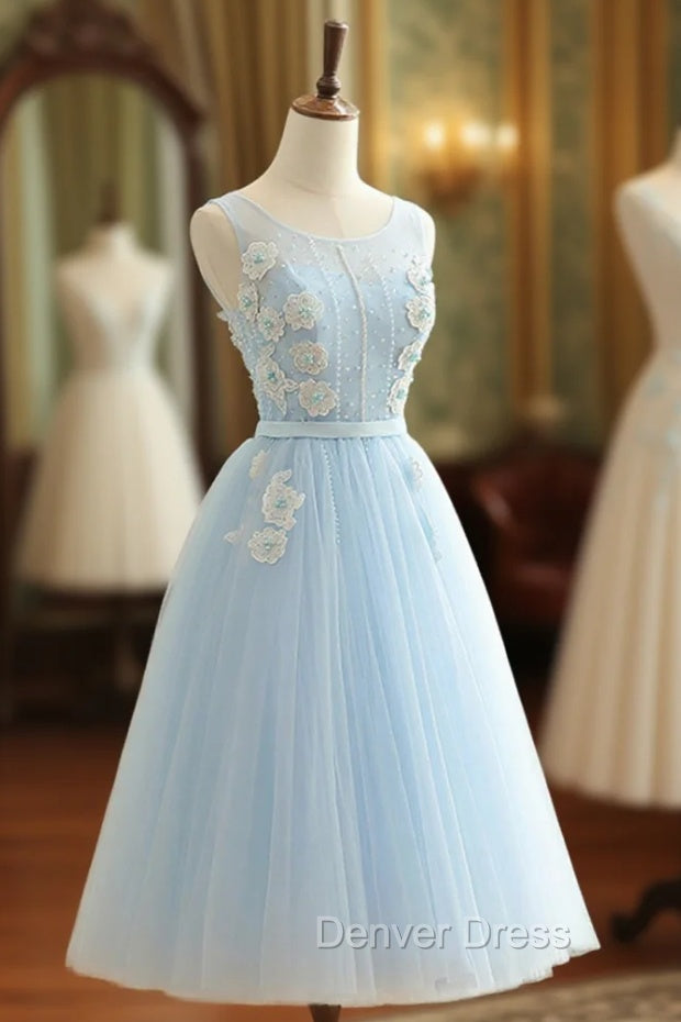 Blue Tulle Lace Short Prom Dresses, A-Line Homecoming Party Dresses
