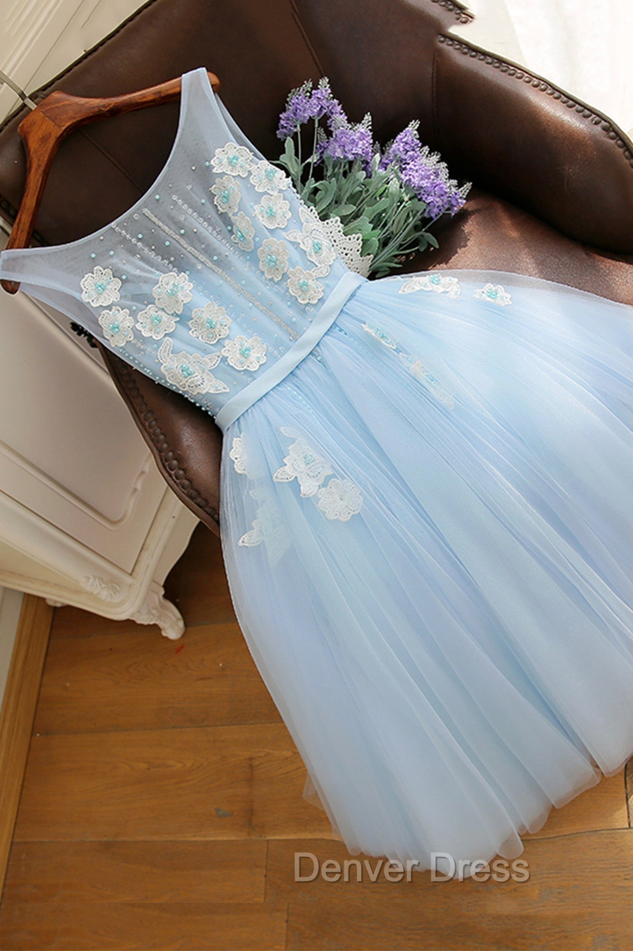 Blue Tulle Lace Short Prom Dresses, A-Line Homecoming Party Dresses Main image