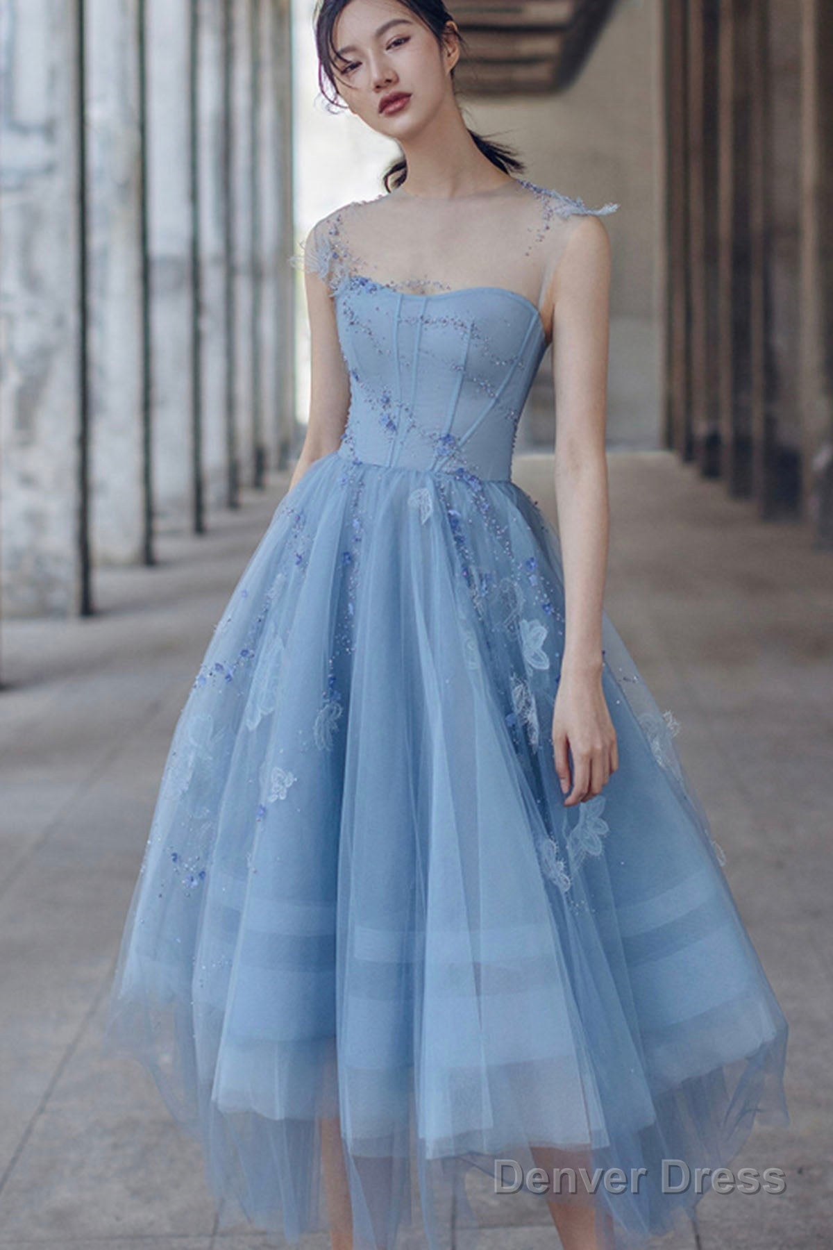 Blue Tulle Lace Short Prom Dress, Beautiful See Through Homecoming Prom Dresses