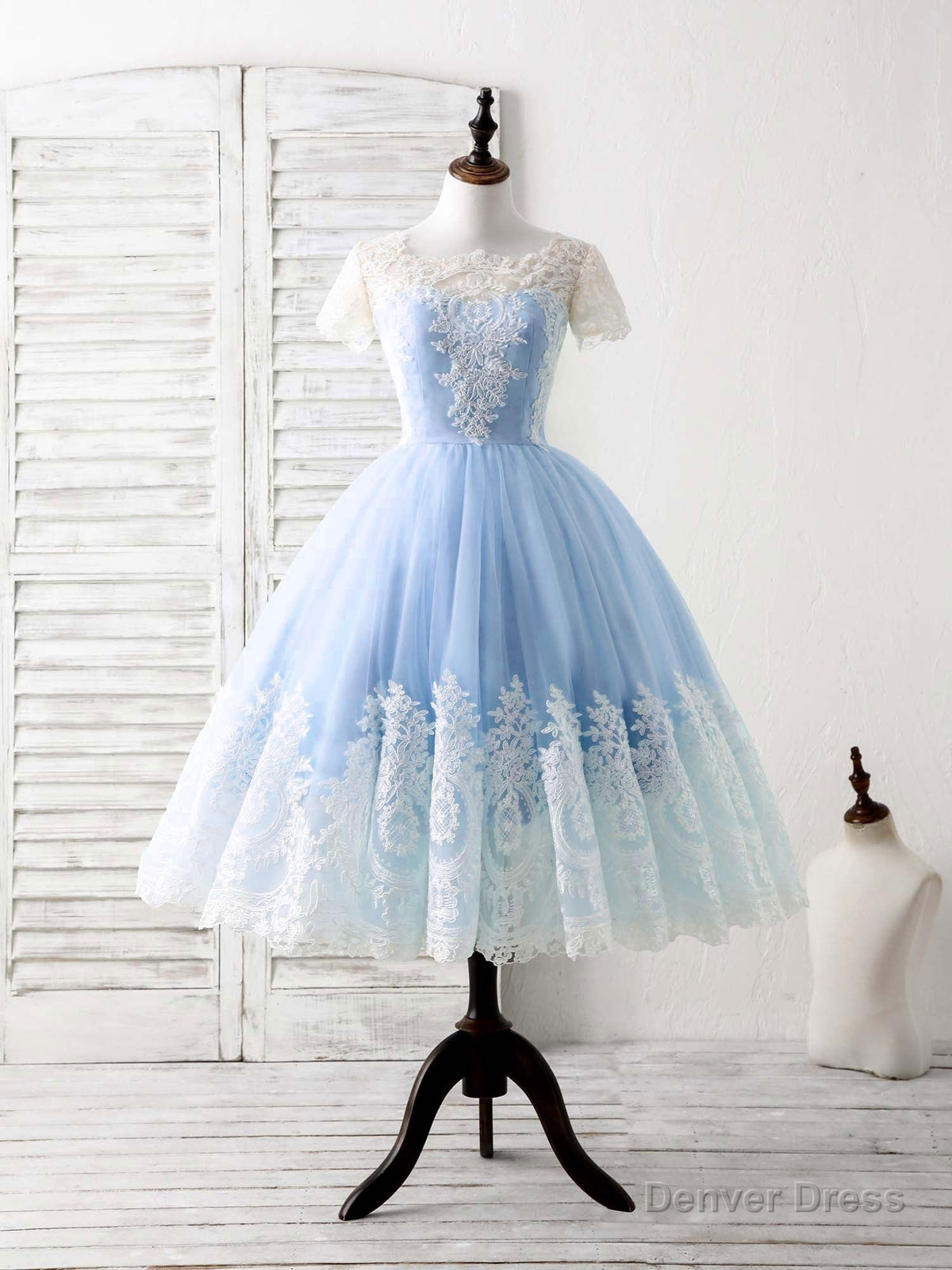 Blue Tulle Lace Short Prom Dress Blue Bridesmaid Dresses