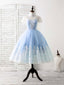 Blue Tulle Lace Short Prom Dress Blue Bridesmaid Dresses
